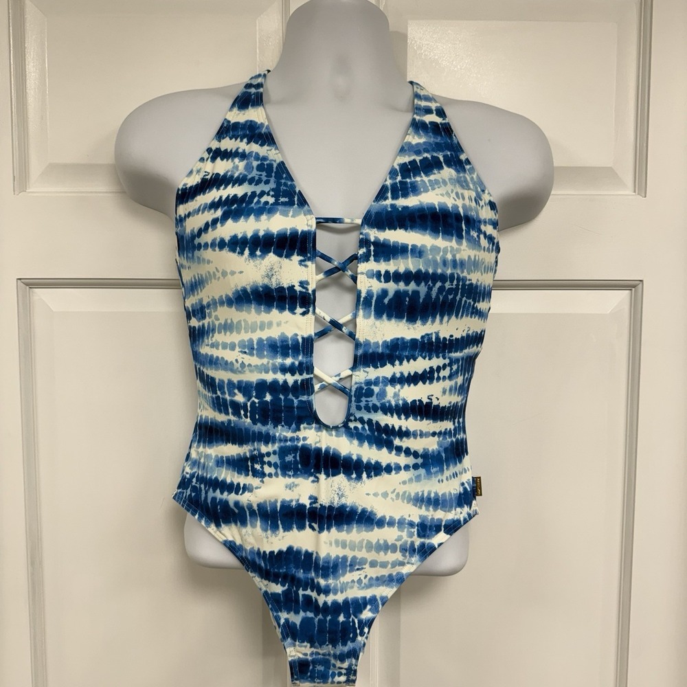 NWT Vince Camuto One Piece Swimsuit 14 Blue & White Tie Dye Ladder Lace Azure